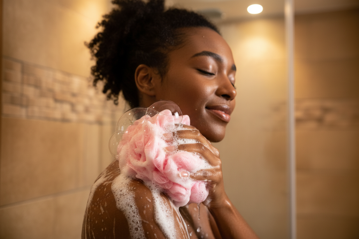 a black woman taking a foamy shower using a scrunchy