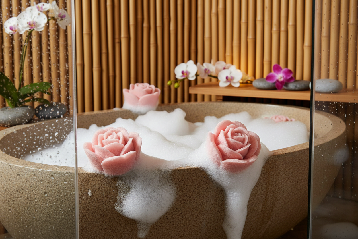 an enticing exotic foamy shower with pink rose paddles