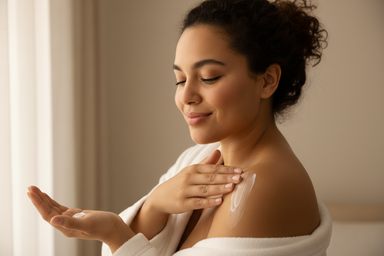 an exotic mixed race plus size woman who enjoys pampering herself while putting on lotion on her shoulder. please do not put product in the packground