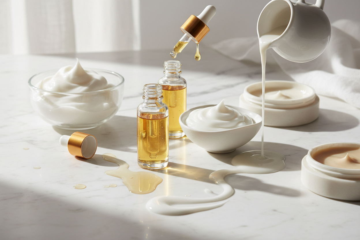Luxury oils, moisturizers, creams, souffle and lotions unpackaged